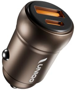 UNIQO Billaddare 30W, Mini USB-C USB-A Batteriladdare, Power Delivery 30W (PD 3.0 PPS), Snabbladdning, Biltändarladdare med Adaptiv Snabbladdning (AFC), 12V-Uttag, Brons
