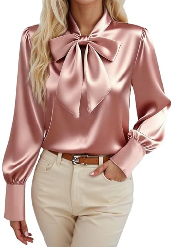 Generisch Blusa de satén de manga larga con lazo para mujer, Rosa., XXL