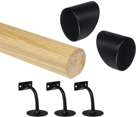 Oak Round Mopstick Handrail Kit with Wall Brackets & Forge End Caps – 1800–4200mm, Chrome/Black/Brushed Nickel/Antique Brass (Black, 2400mm)