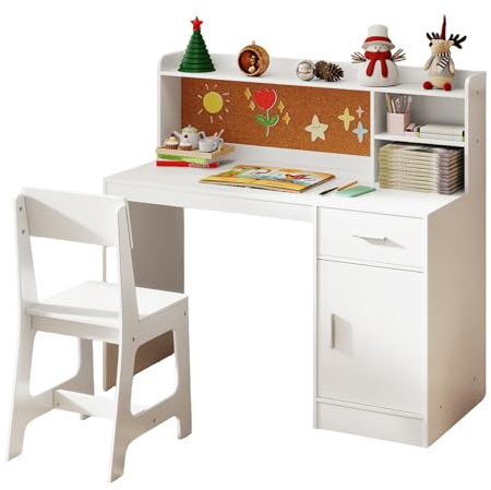 GOPLUS Schreibtisch Kinder mit Stuhl, Kinderschreibtisch Holz mit Regal, Schublade, Schrank & Pinnwand, Jugendschreibtisch zum Essen, Lernen, Zeichnen, für Mädchen & Junge ab 3-8 Jahren (Weiß)