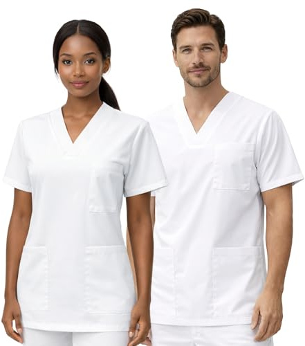 SRC Création Tunique médicale Blanche col V Mixte - Polycoton 65/35 – Oeko-TEX – Col v et Manches Courtes - 4XL - 7 - Blanc - Lot de 1