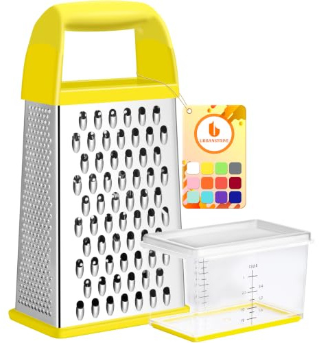 Urbanstrive Cheese Grater with Container, Professional Cheese Grater with Handle, Stainless Steel Graters for Kitchen Handheld, Box Grater with 4 Sides for Vegetables, Ginger, Potatoes (Yellow) | Dishwasher Safe 4 Sided Vegetable Shredder Zester Cheese Shredder Box Gratters for Carrot Potato Parmesan Citrus Lemon Gift