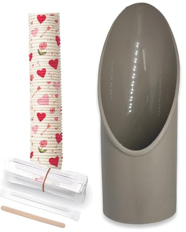 BIOVIRA Portabicchieri Tortora con 50 Bicchierini con Cuori e 50 Palette Caffè Monouso, Dispenser da Banco per Angolo Caffè, 24 x 8 cm