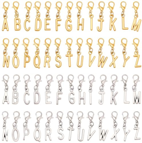 BEAMARKER 1 scatola 52 pezzi Ciondoli con Iniziale AZ Ciondoli con Clip A Moschettone In Lega Oro Argento Lettere Maiuscole Ciondoli per Portachiavi Catena Braccialetti Borsa Creazione Gioielli Marcap