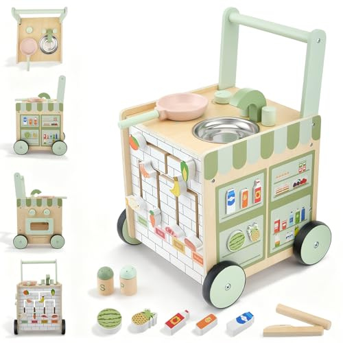 BugyKido Wooden Baby Walker with Kitchen Activity Centre | Baby Push Walker with Activity Center-Kitchen Theme Tool Pan, Fruit Maze Track Learning Montessori Activity Center Gifts