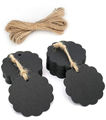 Anhänger Kraftpapier Geschenkanhänger Rund Etiketten 6cm, 100stk. mit Jute Schnur, für Hochzeitsgeschenke Weihnachtsgeschenke Partygeschenke (Schwarz)