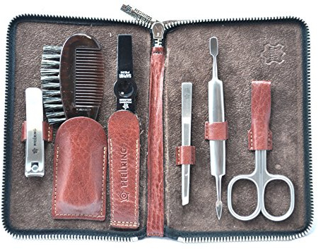 Pfeilring Manicure-Etui Argentina aus Rindleder, 6-teilige Nickelfüllung (Nagelfeile, Pinzette, Doppelinstrument, Nagelknipser, Kombischere, Bartbürste), braun, 1er Pack (1 x 6 Stück)