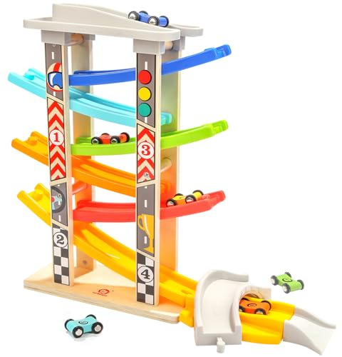 TOP BRIGHT Wooden Car Ramp Toys for 1 2 year Old Boy Gifts, Click Clack Racing Track Includes Parking Lot, Car Garage with 6 Mini Cars