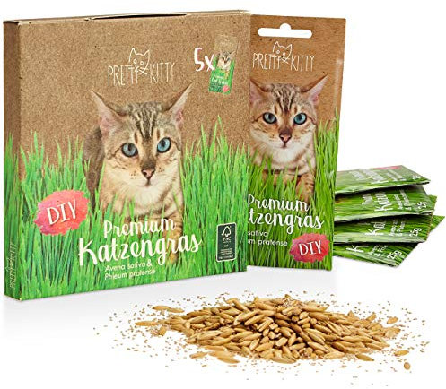 PRETTY KITTY Premium Katzengras Saatmischung: 5 Beutel je 25g Katzengras Samen für 50 Töpfe fertiges Katzengras – Eine grüne Katzen Wiese – Natürliche Katzen Leckerlies – Pflanzen Samen - Grassamen