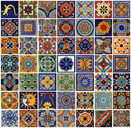 Handmade Mexican Tile Set 100 Pieces — 4x4 Decorative Talavera Tiles — 50 Unique Hand-Painted Designs — Mexican Folk Art Wall Tiles
