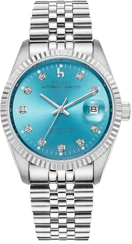 BUREI 38mm Automatik Uhr Herren Luxus Diamant Armbanduhr für Männer Mit Saphirglas Datumskalender (Hellblau Silber)