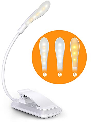 Lampe de Lecture, 7 LED Liseuse Lampe Clip Rechargeable, 360° Cou Flexible, 3 Température de Couleur & 3 Niveaux de Luminosité, Interrupteur Tactile, Mini Veilleuse pour Nuit, eReaders, Voyage