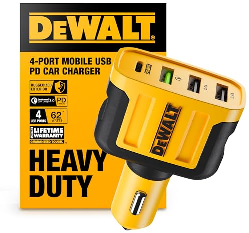 DEWALT Heavy Duty 4 Port USB C Car Charger Multiport, Fast 60W USB Cigarette Lighter Adapter, PD Type C Multi Car Phone Charger, Cell Phone Automobile Chargers Compatible iPhone 17/16/15 Samsung