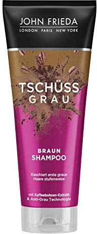 John Frieda Tschüss Grau Shampoo - Inhalt: 250 ml - Für braunes Haar - Kaschiert erste graue Haare stufenweise - Für ein natürlich getöntes Brünett