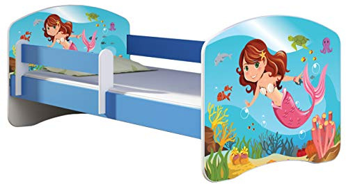 ACMA Kinderbett 140x70 cm Blau mit Matratze & Lattenrost – Jugendbett mit Rausfallschutz, personalisiertes Motiv 09 Meerjungfrau, stabiles Kinderbett für Kinderzimmer, belastbar bis 120 kg