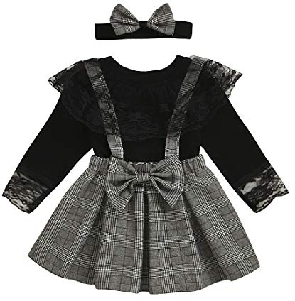 Verve Jelly Toddler Neonate Abbigliamento Neonato Maglietta a Maniche Lunghe in Pizzo Plaid Bretella Completi Gonna in Generale, Nero, 100, 2-3 Anni