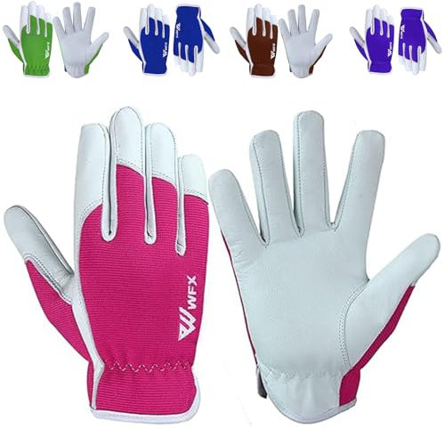 WFX Leder-Arbeitshandschuhe für Gartenarbeiten, atmungsaktiv, dornensicher, Handflächenbau, strapazierfähig, Gartenhandschuhe, Damen und Herren, Gripper Utility (Rosa, M)