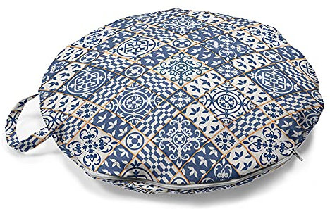 ABAKUHAUS marokkanisch Rundes Bodenkissen mit Griff, Oriental Rectangles, dekoratives Kissen für Wohnzimmer & Schlafsäle, 45 cm, Blau Orange Weiß