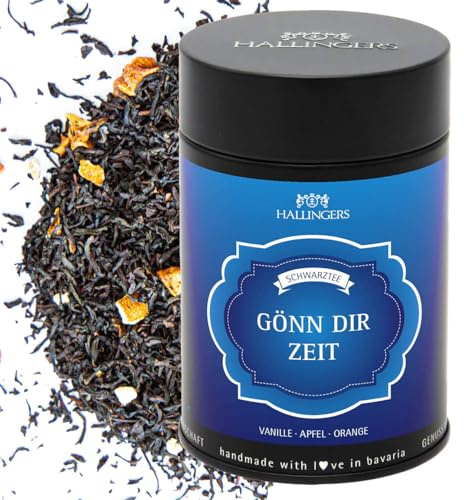 Hallingers Genuss Manufaktur Schwarzer Tee Geschenk - loser Schwarztee wertige Geschenk-Dose Gönn Dir Zeit mit Orange, Haselnuss & Apfel, Geschenkidee für Frauen Männer