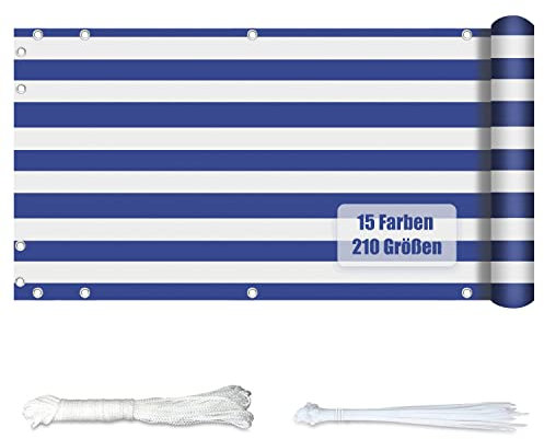 KUZRZNH Balkonabdeckung, 75x500CM Balkonumspannung Balkonabdeckung mit Ösen, Wasserdicht Blickdichte Wind- und UV-Schutz Balkonverkleidung für Terrasse & Zaun, Blau und weiß