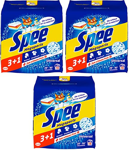 Spee, Megaperls Universal 3+1, Vollwaschmittel, 54 (3 x 18) Waschladungen, Reinheit, Strahlkraft und Frische für deine Wäsche - zum schlauen Preis