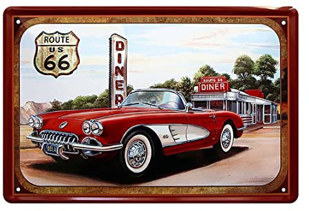 schilderkreis24 Cartel de chapa Route US 66 Diner, color rojo, decoración para coche, retro, metal, vintage, garaje, taller, sala de ocio, regalo para cumpleaños o Navidad, 20 x 30 cm