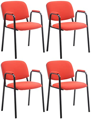 CLP Stapelstuhl 4er Set mit Armlehnen gepolstert Ken Pro, Konferenzstühle Stoffbezug stapelbar, Metallgestelle schwarz stabil bis 150 kg Farbe rot