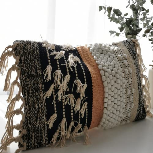 COZYDEKO Decorative Boho-Chic Premium Pillow Cover 12x20 Handwoven Tufted Cotton Lumbar Accent Pillows, Neutral Earthly Color Throw Cushion, Farmhouse & Bohemian Home Decor (no Insert)