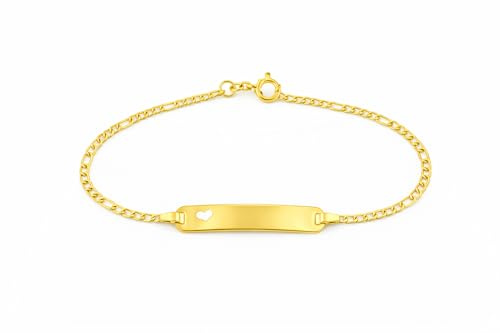 JC Trauringe Baby- & Kinder ID-Armband Goldarmband mit Herz 585 Gold 14 cm I Figaro Armband mit Gravur Taufarmband Gold Namensarmband Kinderschmuck | Made in Germany I I 5.53052HERZ