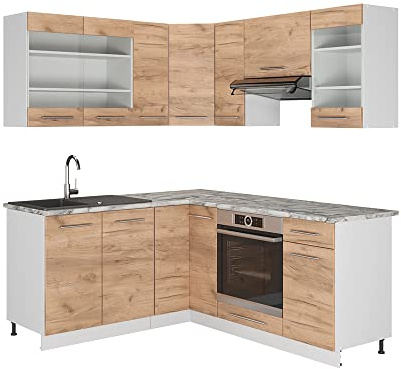 Vicco Eckküche Fame-Line, Goldkraft Eiche/Weiß, 190 x 160 cm | 10 Module · Höhenverstellbare Füße · Ohne Arbeitsplatte · Robuste Fronten · Softclose · Metallgriffe