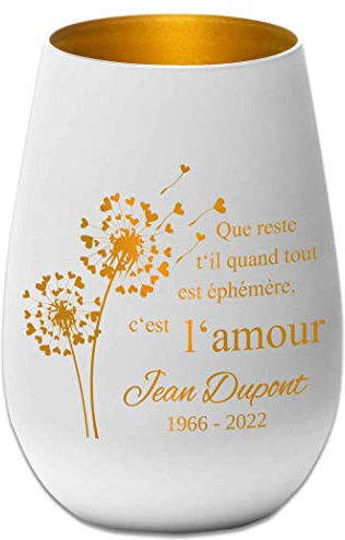 Photophore en Verre personnalisé - nom et Date funéraire - Lumière de deuil - présent funéraire – Blanc/Or - Que Reste t'il Quand Tout est éphémère, C'est l'amour - Lanterne présent funéraire -