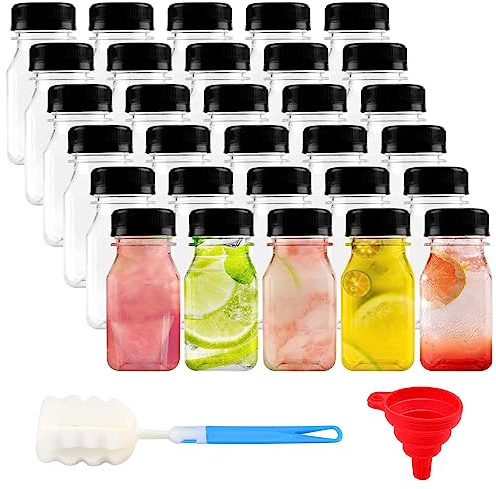 HEIHAK Paquete de 30 botellas de plástico de 120 ml con embudo de vertido y cepillo, botellas de chupito reutilizables con tapas para almacenar jugos, leche, batidos y café
