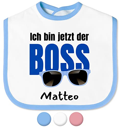 True Statements Baby Lätzchen „Ich bin jetzt der Boss“ mit Namen personalisiert für Mädchen & Jungen - mit Klettverschluss – Spucktuch Latz Kinderlätzchen – Baby-Geschenke Taufgeschenke