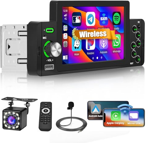Hikity 1 DIN-bilradio, CarPlay Android Auto trådlös, 5-tums skärm, bluetooth, backkamera, FM, EQ, SWC, USB typ-C, spegellänk