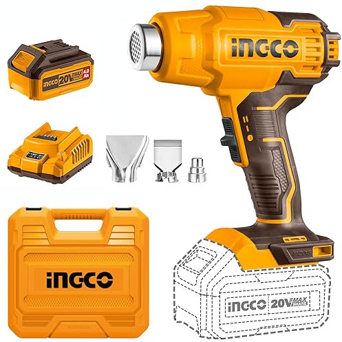 INGCO Pistolet à Air Chaud sans Fil 20V Contrôle de Température Variable, 300/550 °C, Decapeur Thermique Portable avec Batterie 4,0 Ah, Chargeur, 3 Buses, pour Travaux Manuels HGLI20025