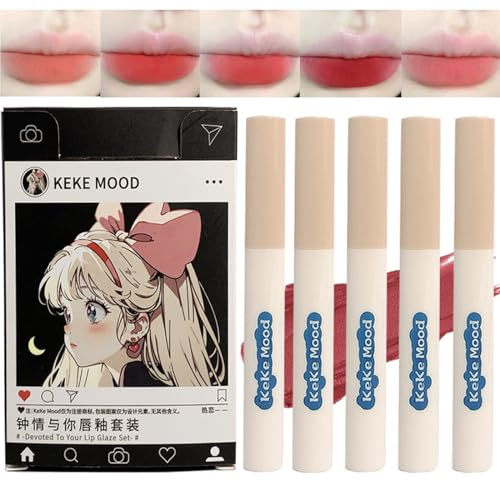 Domality 5 pezzi Velvet Lip Tint Set con manga giapponese, rossetto liquido in 5 colori con finitura cremosa opaca, rossetto resistente all'acqua, per guance e labbra
