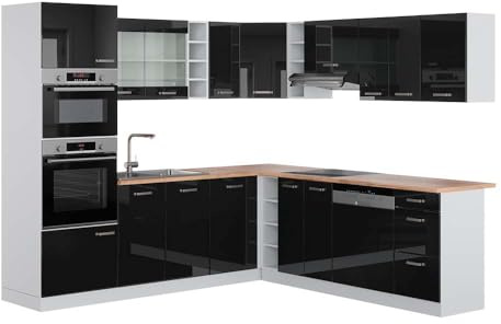 Vicco Eckküche R-Line, Schwarz Hochglanz/Weiß, 247 x 237 cm | 14 Module · Höhenverstellbare Füße · AP Eiche inkl. · Robuste Fronten · Mit Backofen-/Mikrowellenschrank