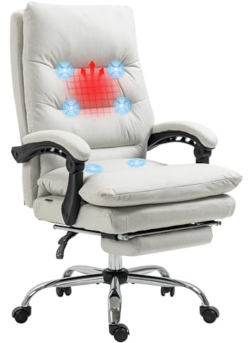 Vinsetto Bürostuhl mit Massagefunktion Heizfunktion Liegefunktion Creme | Ergonomischer Chefsessel, Fußstütze, Höhenverstellbar, 360° Drehbar Computerstuhl, Mikrofaser