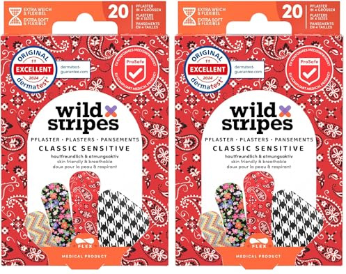 Wild Stripes Pflaster Set I Fingerpflaster I Classic Sensitive Fashion I Pflaster Sensitiv Hautfreundlich I Wundpflaster I 24h Schutz I Stylisch I 20 Stück (Packung mit 2)