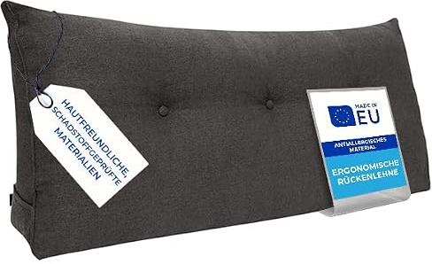 Pillows24 Rückenkissen für Bett & Sofa 160cm, abnehmbarem Bezug | Bequemes Keilkissen und Lesekissen fürs Bett, waschbarem Bezug, Großes Sofakissen für Rückenlehne und Sofa, Graphit