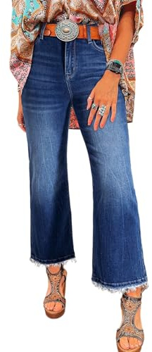 Astylish Flared Jeans for Women Trendy High Waisted Wide Leg Jeans Baggy Stretchy Raw Hem Cropped Denim Pants Size 8 Bluing