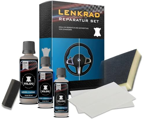 Leder-Lenkrad-Reparatur-Set Schwarz Glanz | Komplett Set, Professionell, Für Möbel & Autositze, Kunstleder geeignet, Made in Germany seit 1999