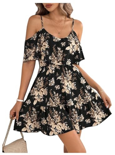 GORGLITTER Women's Floral A Line Flared Flowy Ruffle Dress Cold Shoulder Short Sleeve Mini Sundresses Black Medium