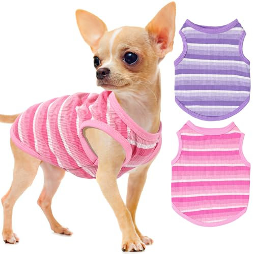 2 Pieces Stripe Dog Clothes for Small Dogs Girl Boy Spring Summer Dog Shirt Soft Elastic Puppy Clothes Outfit for Chihuahua Teacup Breathable Mini Dachshund Pet Clothing (Rose,Purple, Small)