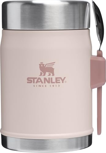 Stanley Classic Food Jar and Spork - Tarro de comida de 14 onzas, termo aislado al vacío, tapa de rosca de boca ancha, acero inoxidable, sin BPA, cuarzo rosa