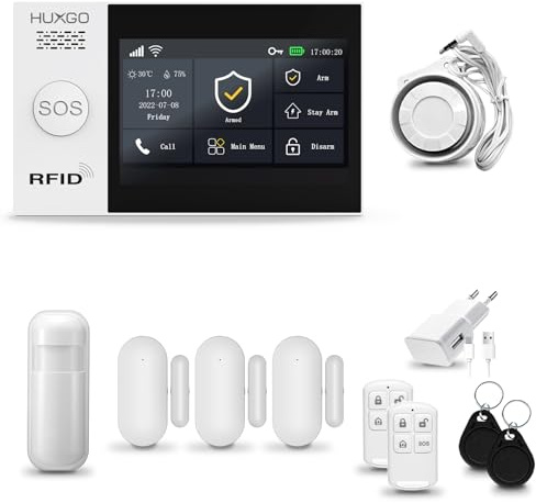 HUXGO® HXA007 Funk Alarmanlage Set WiFi + GSM mit Sirene | Alarm System mit Bewegungsmelder, 3X Tür- Fenstersensor, Fernbedienung | Smart Home Security