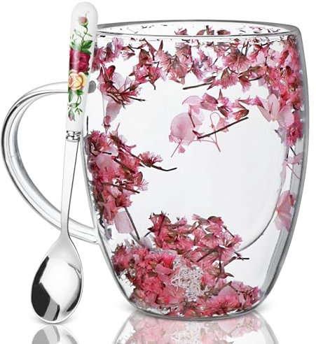 Iceten Dry Flowers Double Walled Glass Coffee Mugs with Spoon, Insulated Heat Resistant Double Walled Glass Mugs for Hot Drinks with Handles, Gifts for Women(350ml/11.8oz) Random Colors for Spoon