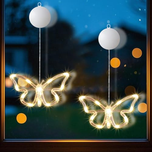 Frühlingsdeko LED Fenster Licht, 2 Stück Frühling Deko LED Lichterkette Schmetterling zum Aufhängen Lichterkette mit Saugnäpfe, Fensterbeleuchtung Batterieantrieb für Draußen Innen Fenster Deko (2er)