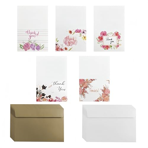 CZAKOMIX 50 Biglietti Di Ringraziamento Con Buste,5 Disegni,14x9,3 Cm Thank You Card,Due Colori 16x11 Cm Carta Kraft Buste(Bianco, Marrone Chiaro),Per Natale,Auguri Di Buone Feste,Biglietti Di Auguri