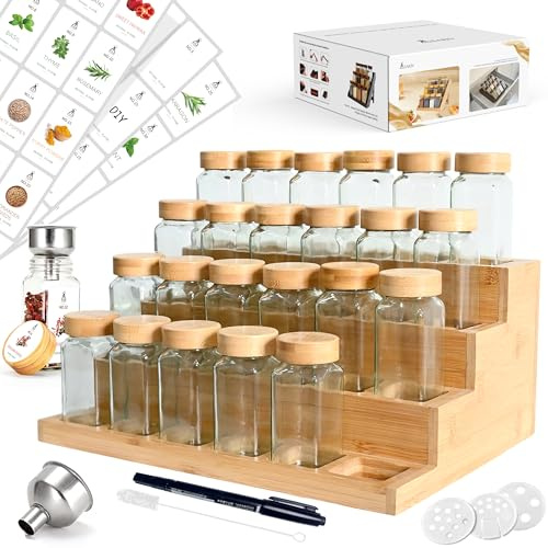 Square Spice Containers Set: Set of 24 x 120 ml Glass Seasoning Jars with Spice Rack; Spice Jars with Lids and Labels; Kitchen Countertop Organiser; Kitchen Cupboard Organiser Storage Rack with Jars